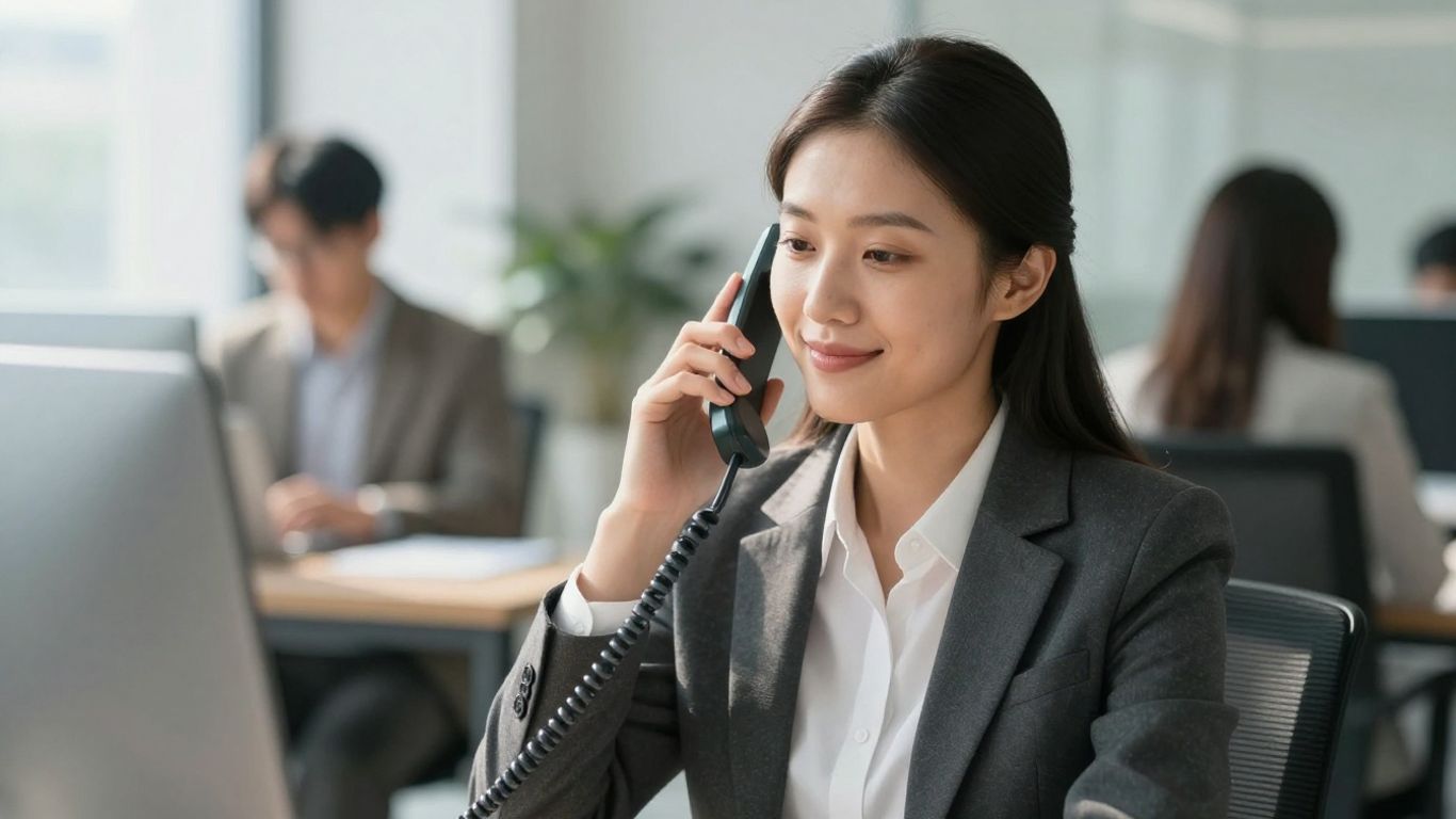 Business professional answering a phone with a smile.