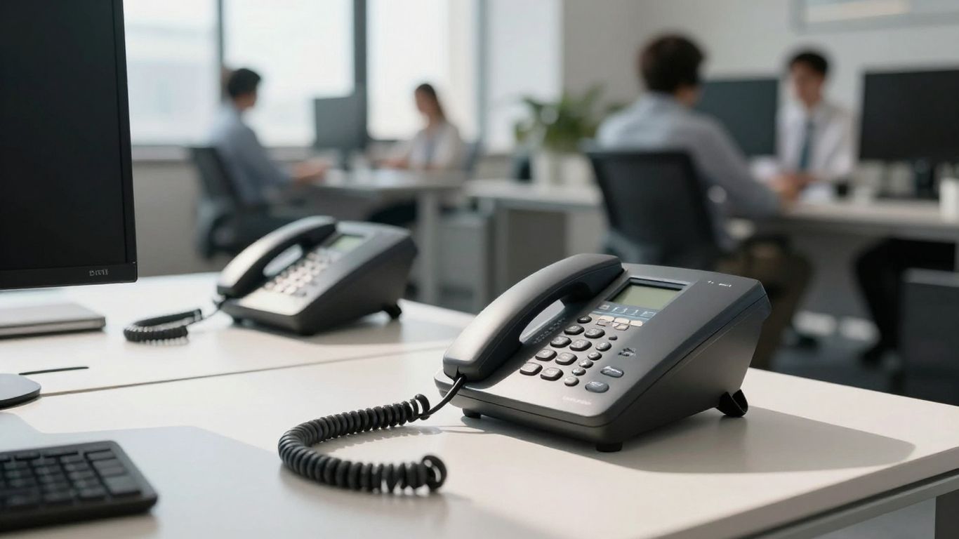 Modern office with telephones and sunlight.