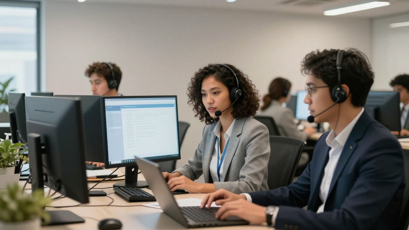 Call agents interacting with clients using advanced technology.