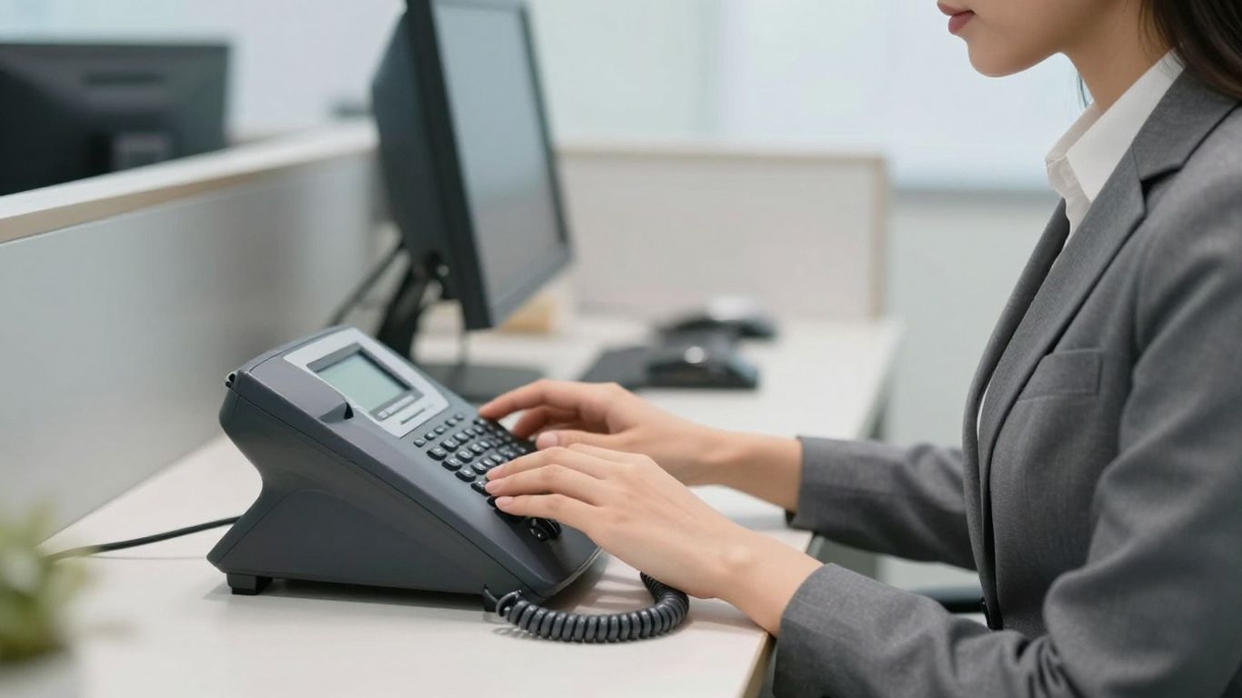 Professional receptionist handling a business call.
