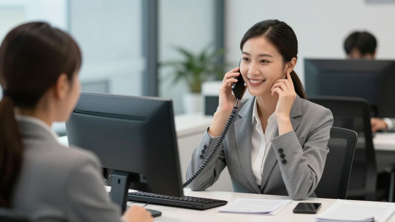 Professional receptionist answering a phone call at a modern desk.