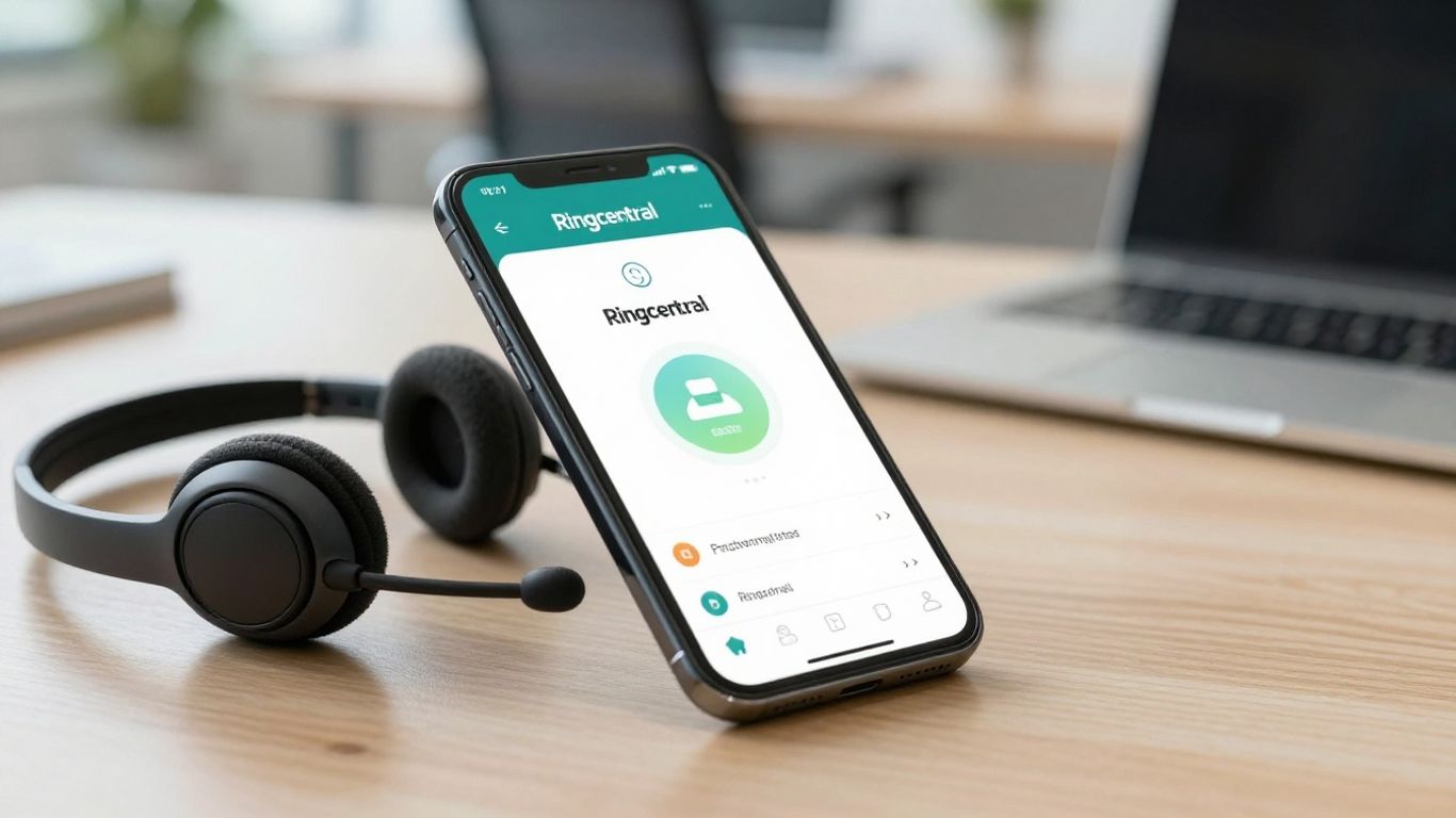 RingCentral app on a smartphone on an office desk.