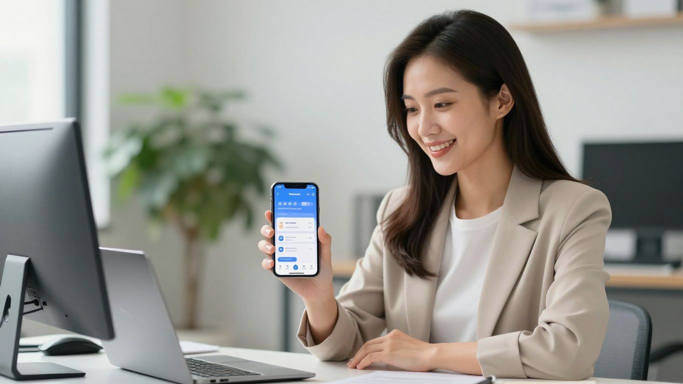 Woman using a business answering service app on her phone.