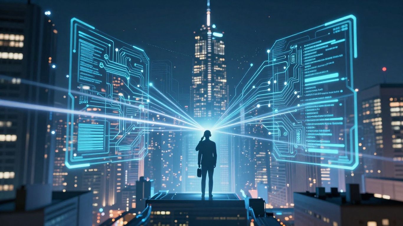 Futuristic cityscape with AI interface and call center silhouette.