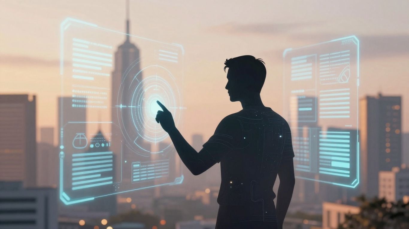 Futuristic cityscape with AI interfaces and human silhouette.