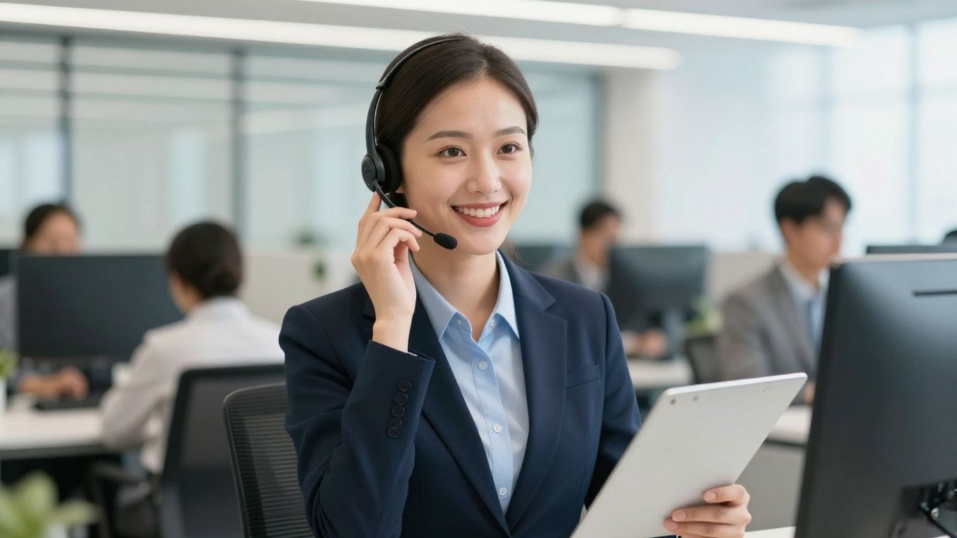 Professional receptionist with headset in a modern office.