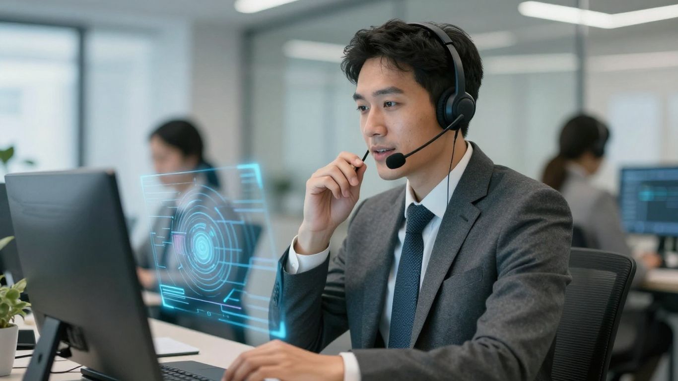 Professional answering calls with digital connections.