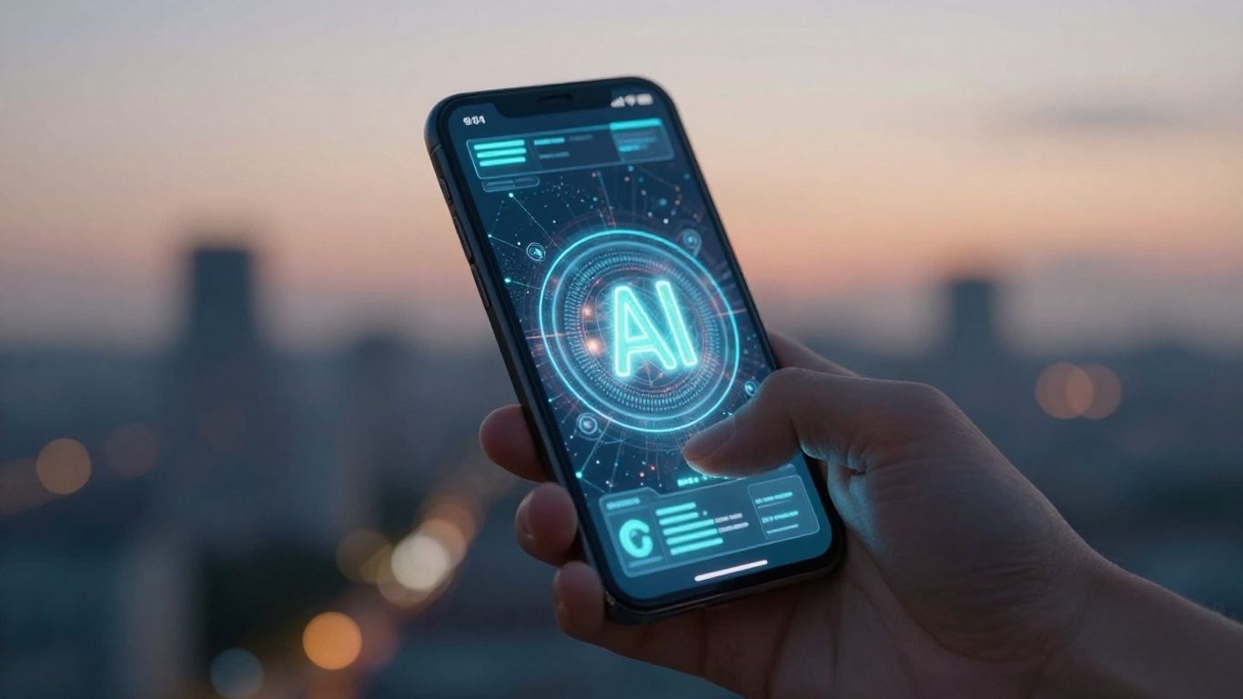 Smartphone with AI interface and city background.
