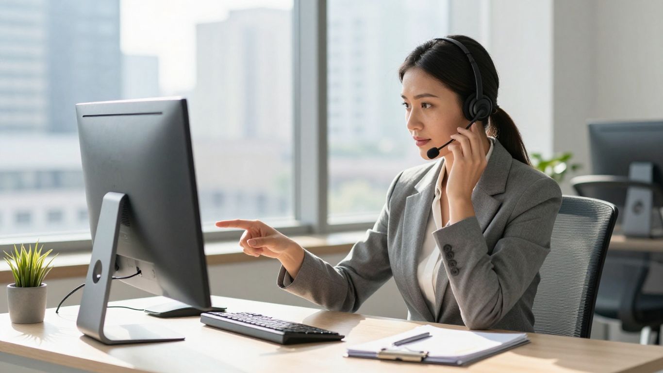 Professional receptionist answering phone in modern office.