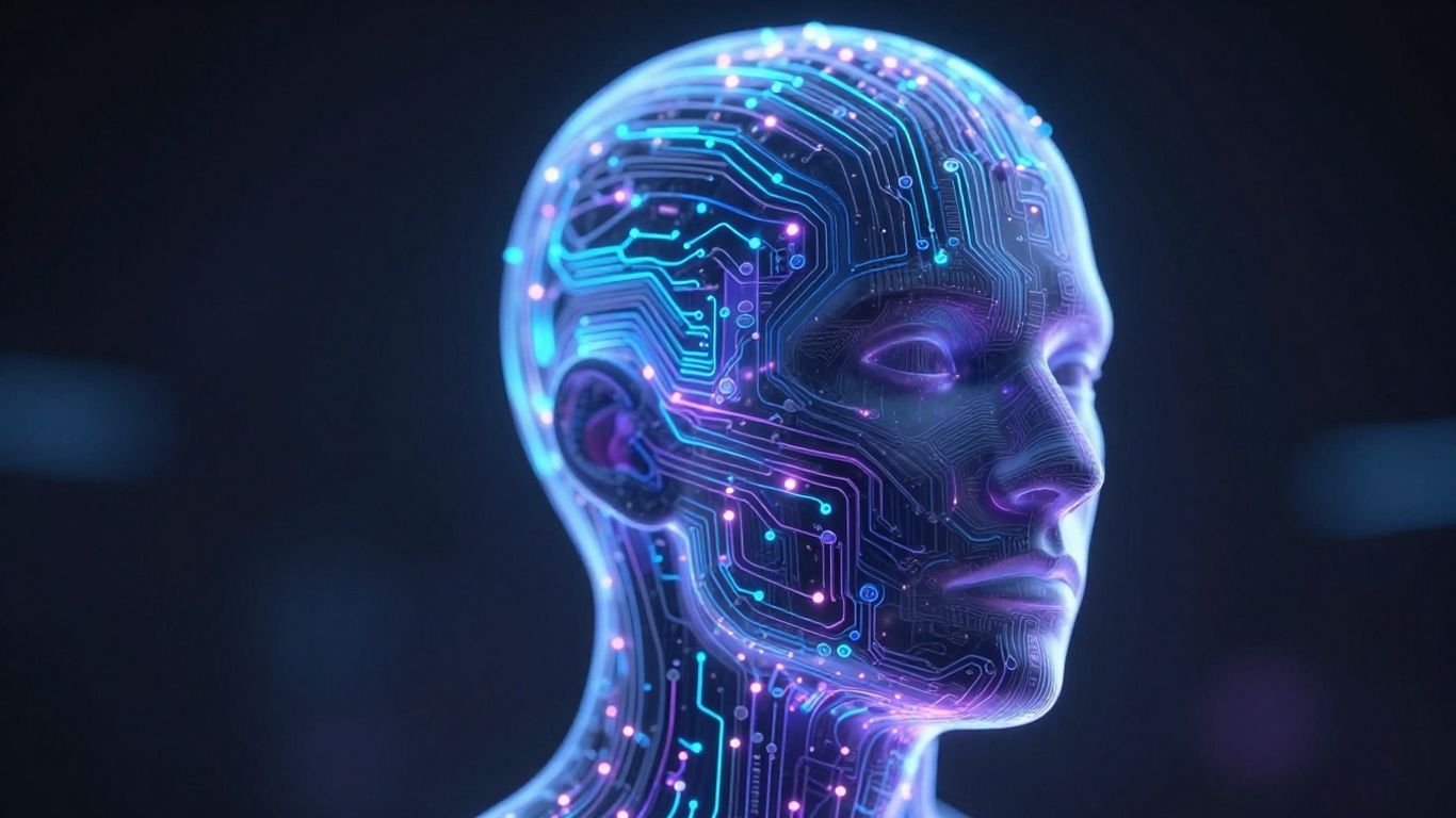 AI phone agent head with glowing circuits