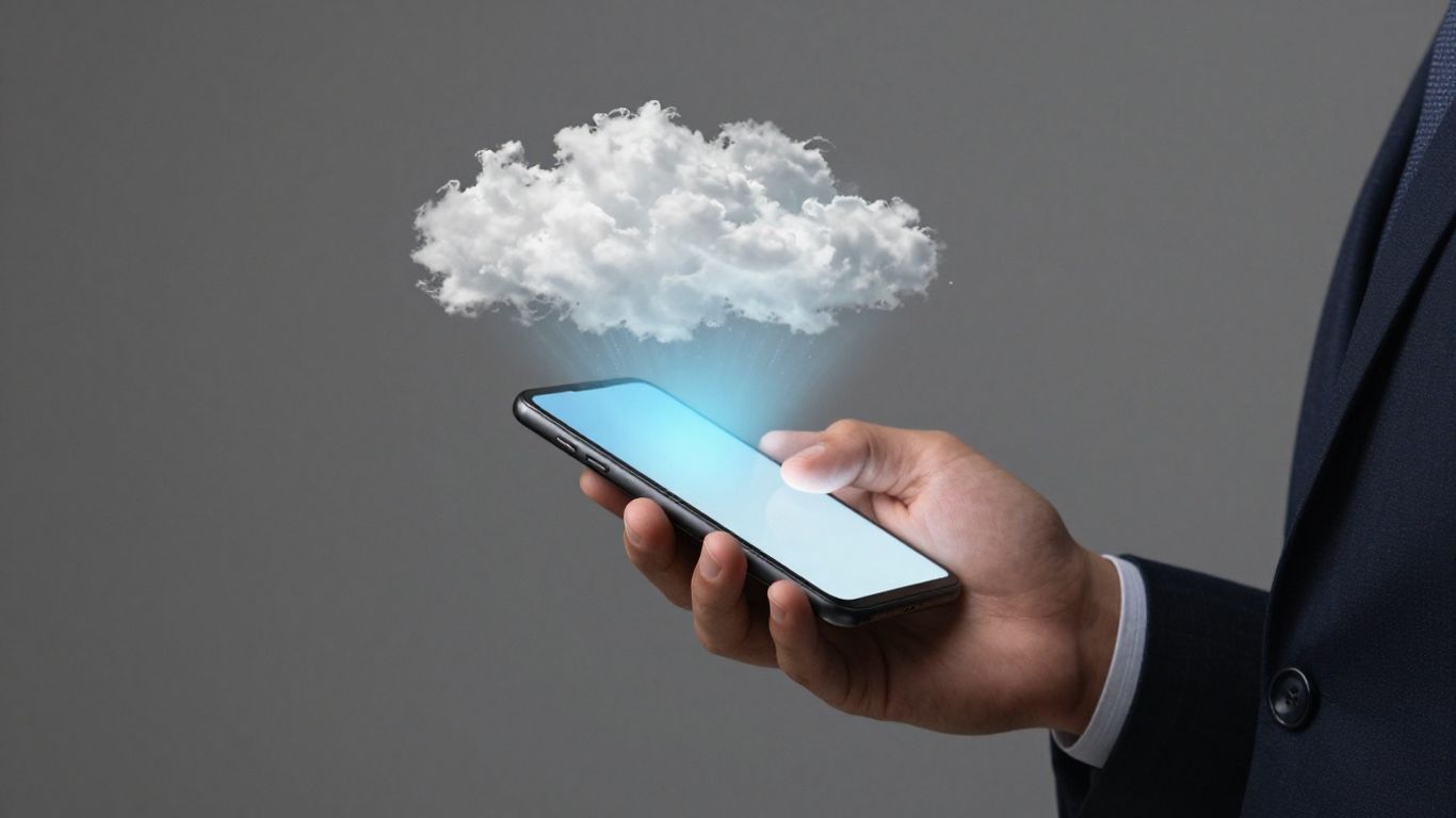 Business professional using a smartphone with cloud graphic.