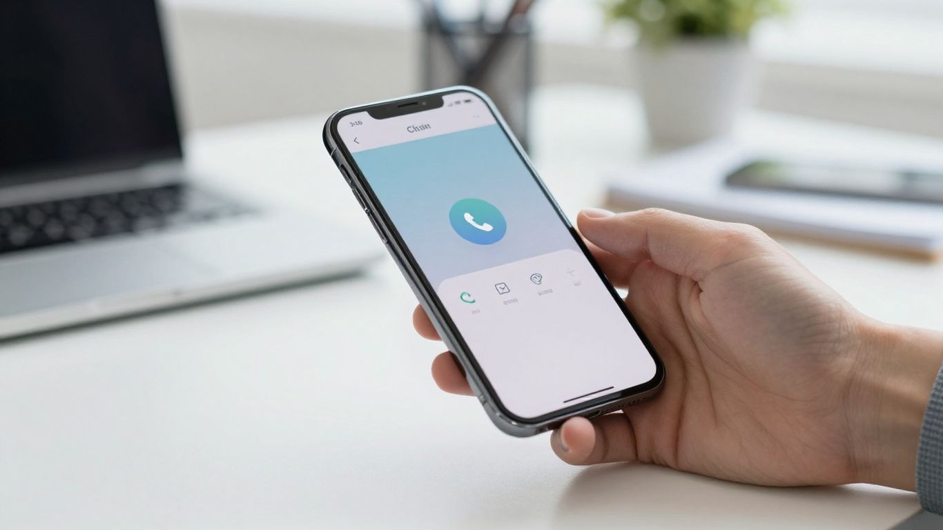 Smartphone call interface on a desk with a hand reaching for it.