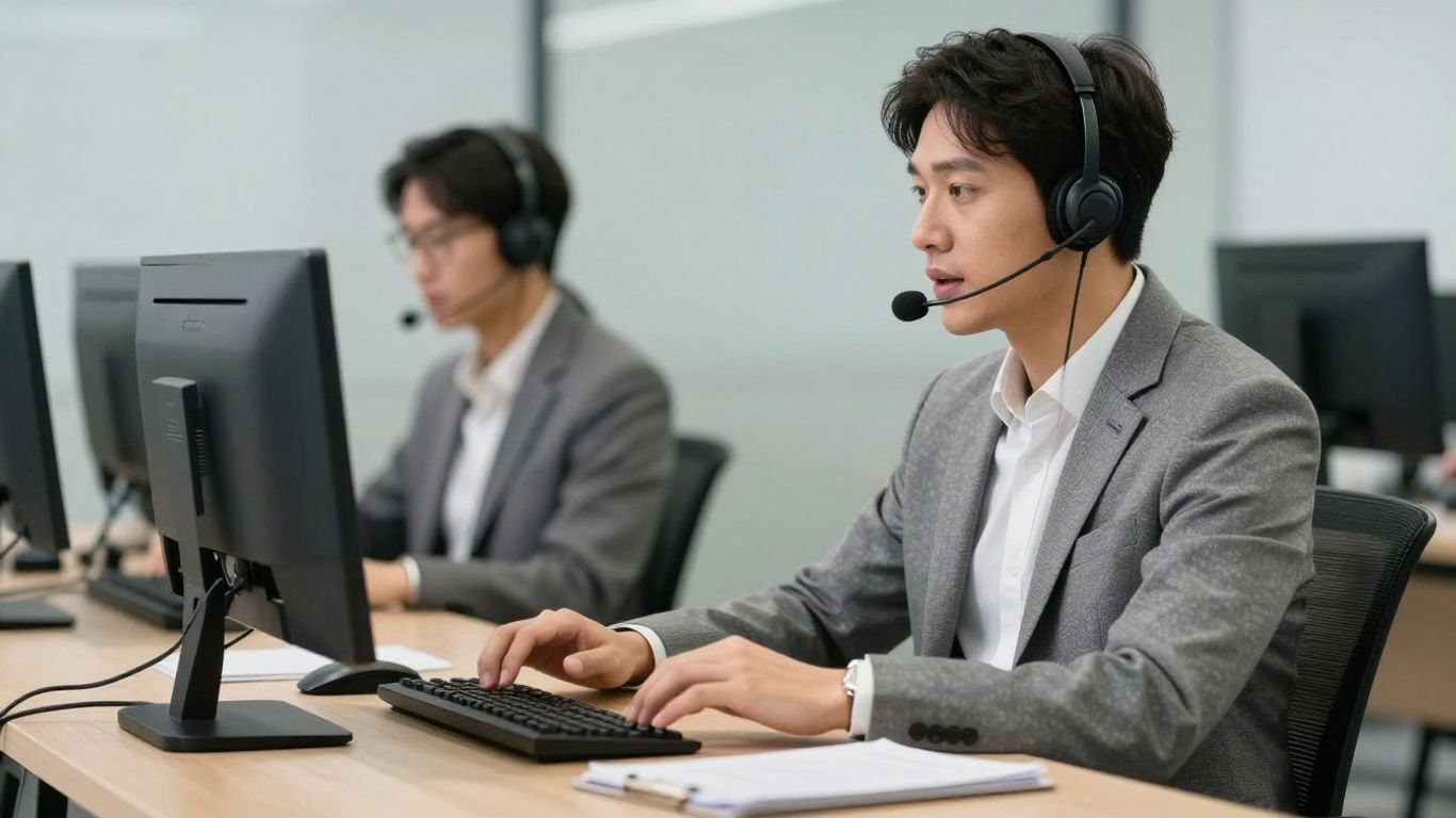 Virtual receptionist managing calls with a headset.