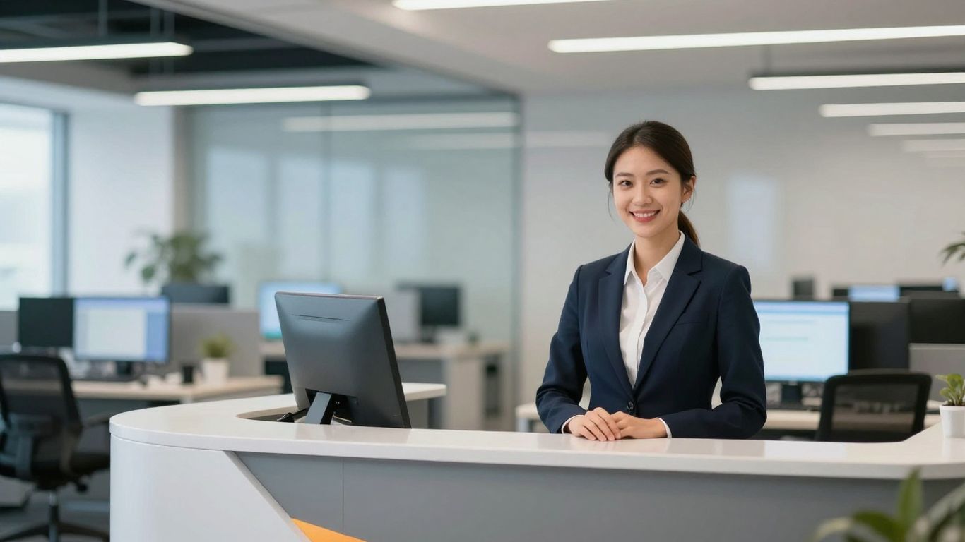 Professional receptionist in a modern office setting.