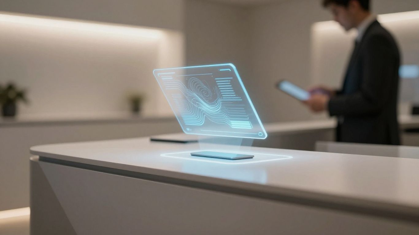 Modern reception desk with futuristic holographic interface.
