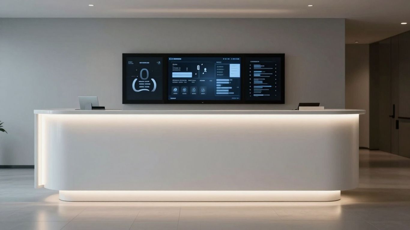 Modern reception desk with integrated digital interface.