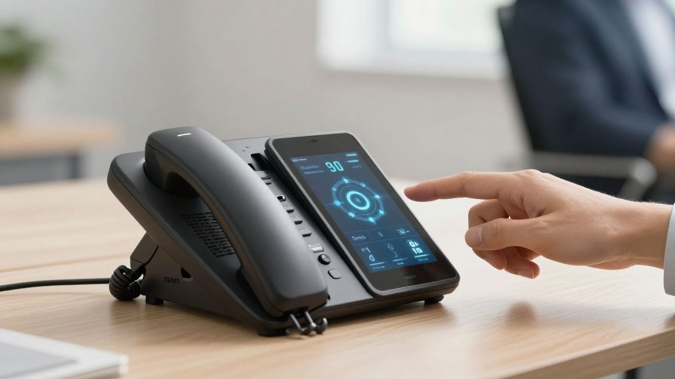 Business phone answering system integration on a desk.