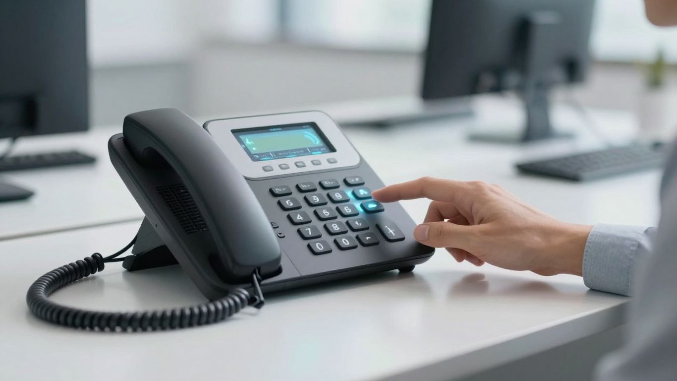 Business phone answering system on a desk.