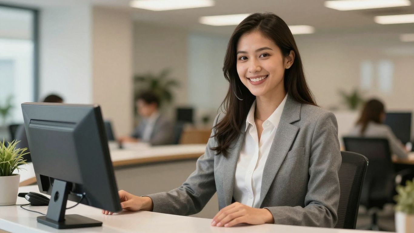 Friendly receptionist in a modern office setting.