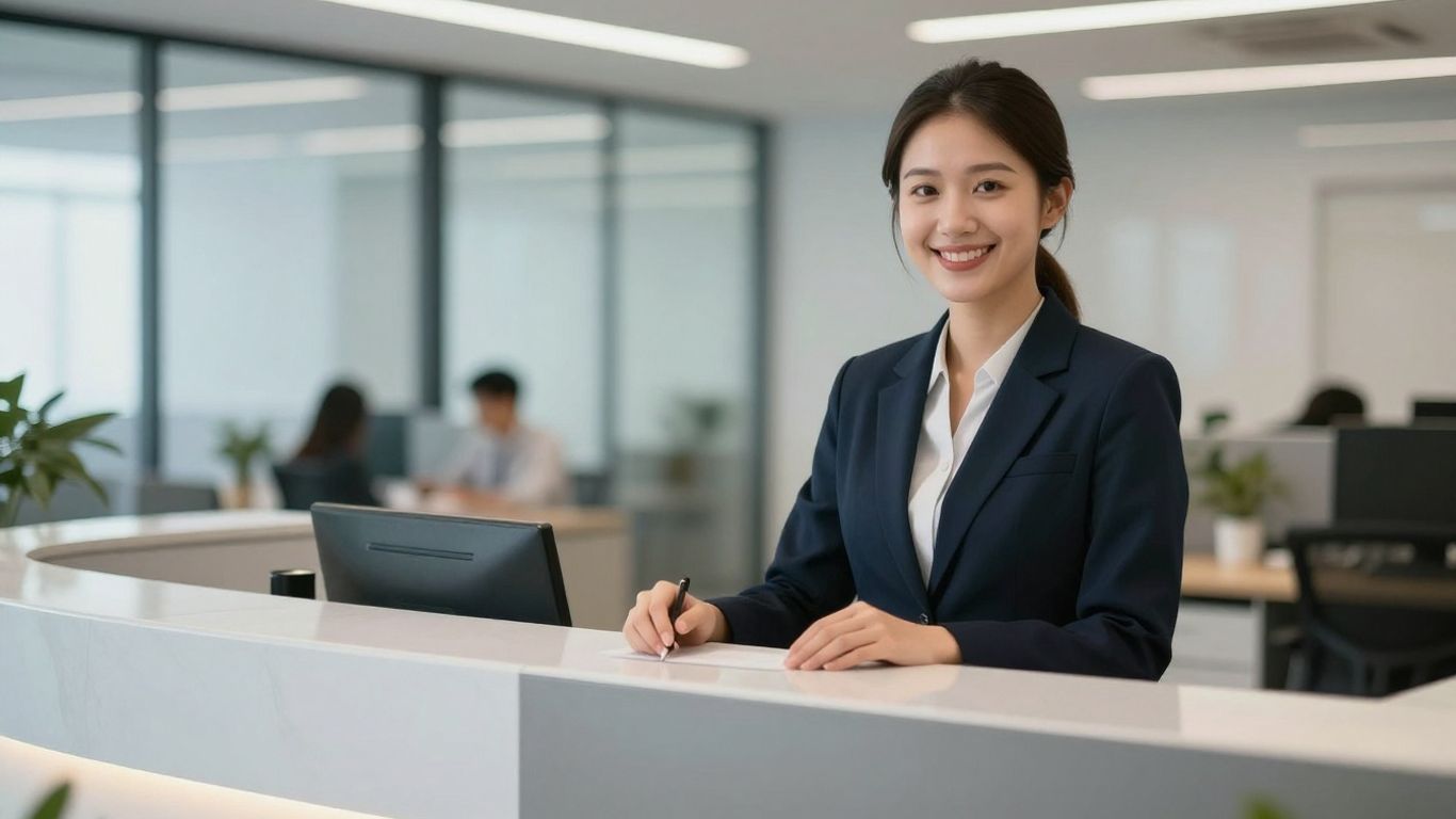 Professional receptionist in a modern office greeting visitors.