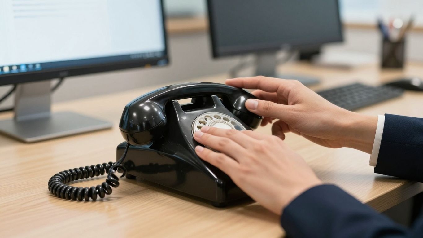 Receptionist answering a vintage phone in a professional office setting.