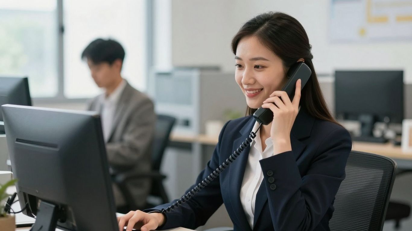 Professional woman answering a phone in a modern office.