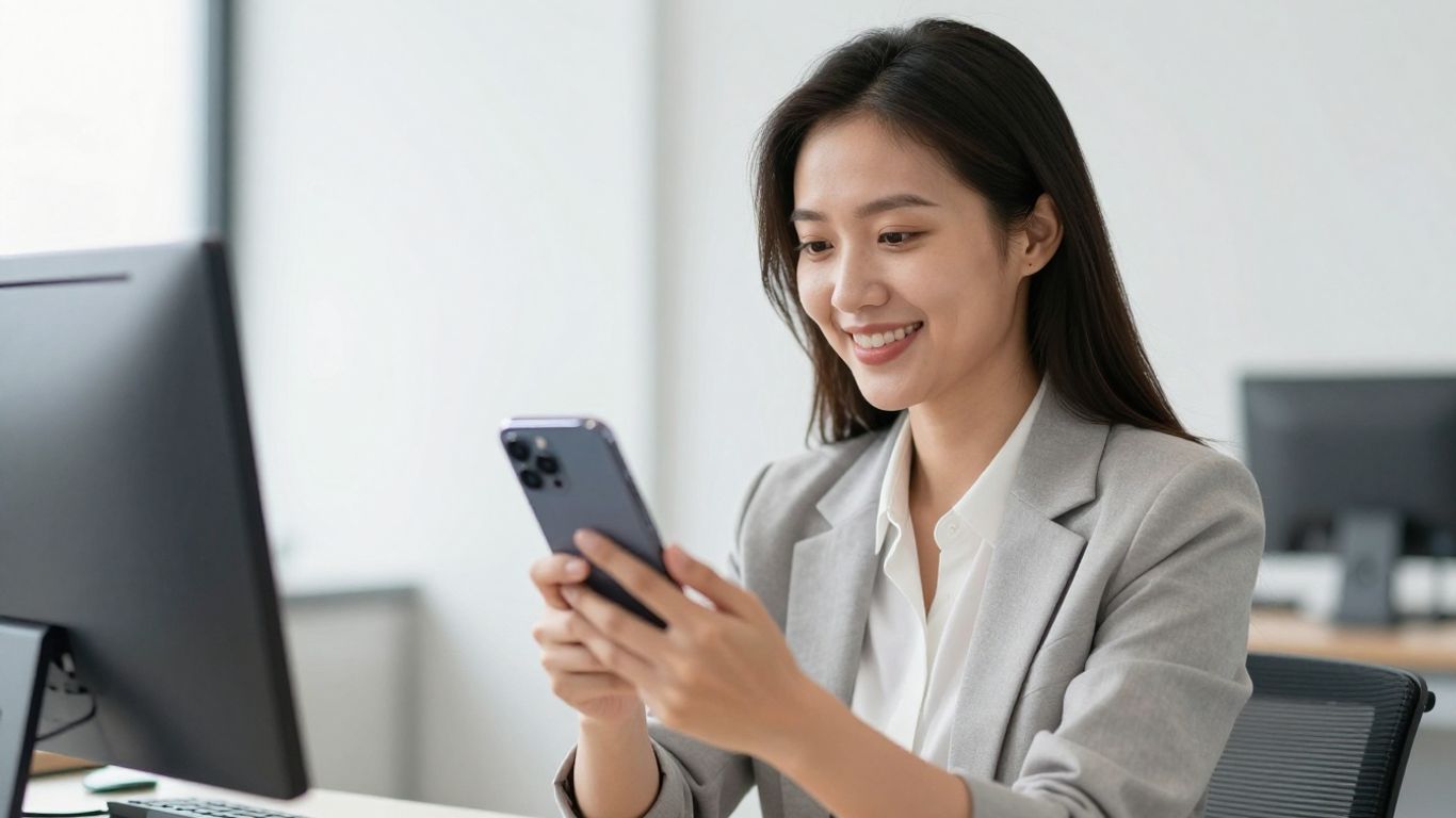 Professional woman answering a phone in a modern office.