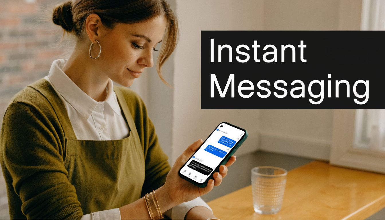 A woman wearing an apron holding a smartphone with an open instant messaging app conversation.