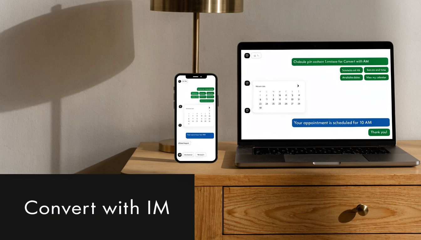 A smartphone and laptop displaying calendar scheduling chat interfaces on a wooden desk with a lamp.