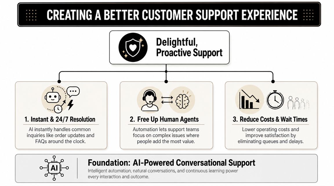 A diagram illustrating how AI improves customer support by providing instant resolutions, assisting agents, and reducing wait times.