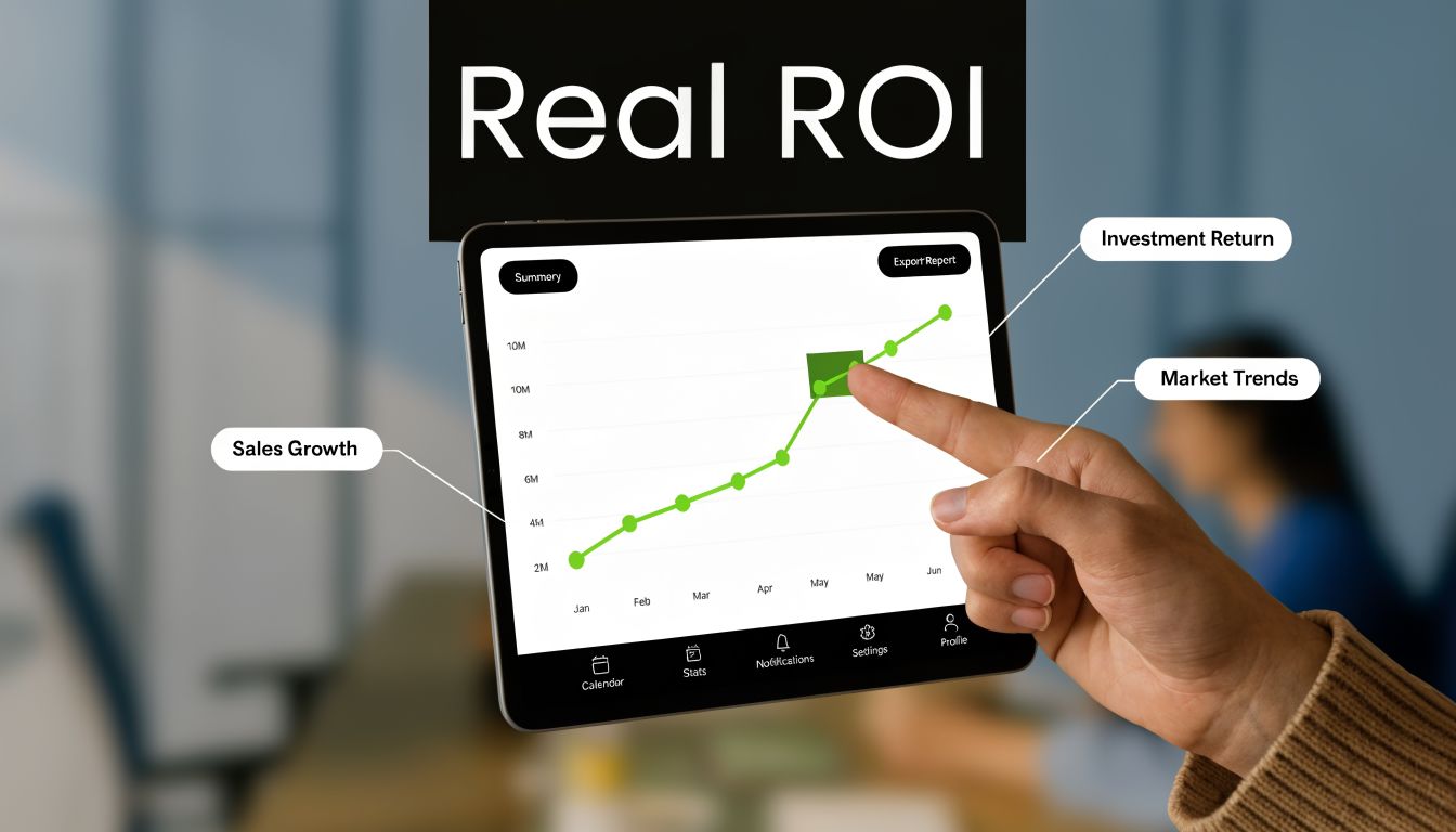 A hand touching a tablet screen showing a rising sales growth chart in a business office.