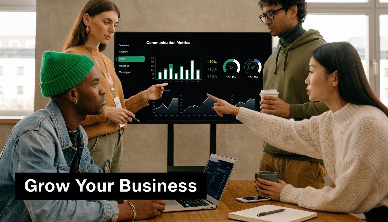 A diverse team of professionals collaboratively discussing communication metrics and business growth strategies in a modern office.