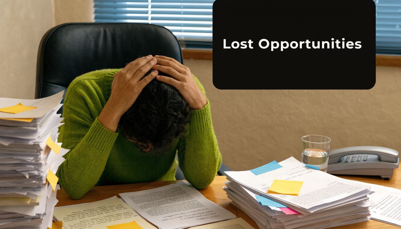 A person sitting at a desk overwhelmed by stacks of paperwork with a glass of water nearby.