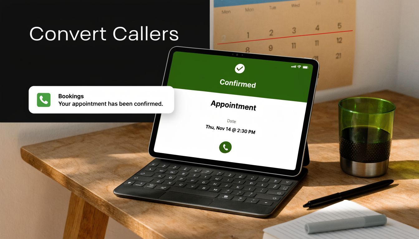 A digital tablet displaying an appointment confirmation notification on a wooden desk with a keyboard.