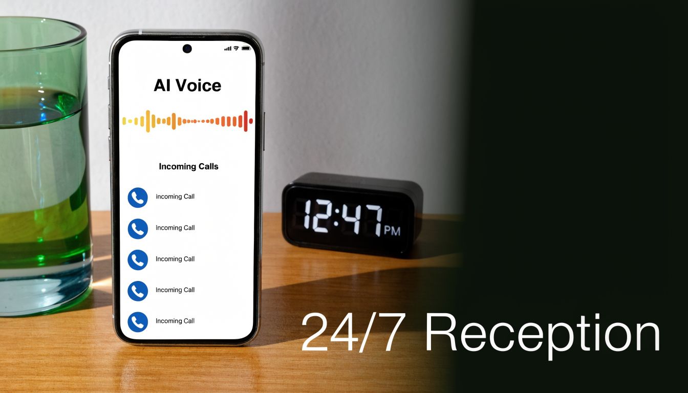 A smartphone on a wooden desk displaying an AI voice interface showing incoming call notifications 24/7.