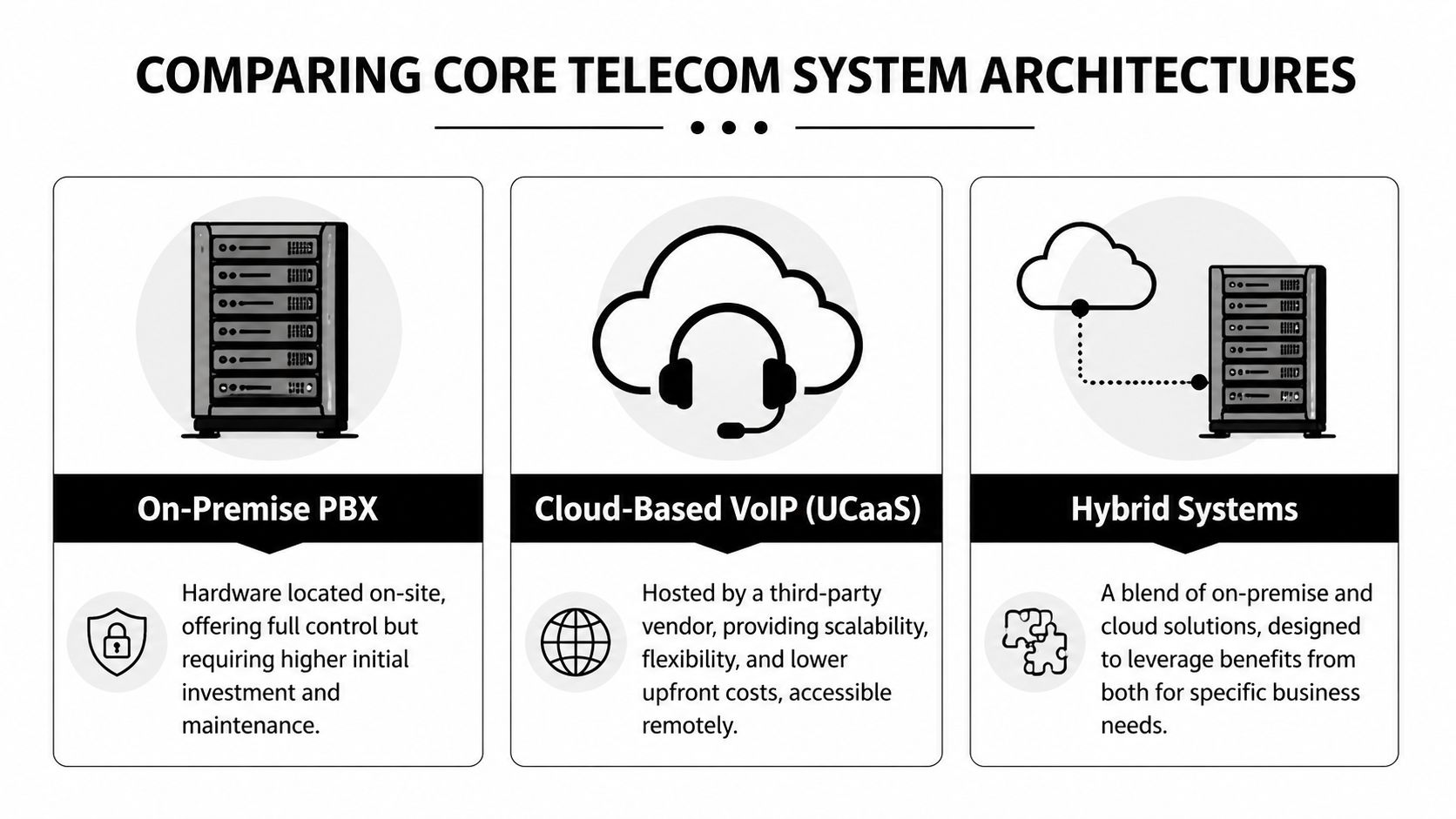 A comparison chart showing three types of telecom system architectures: On-Premise PBX, Cloud-Based VoIP, and Hybrid Systems.