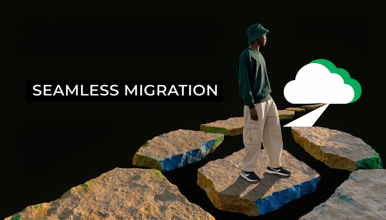 A young man walking across floating stone steps toward a stylized green and white cloud icon.