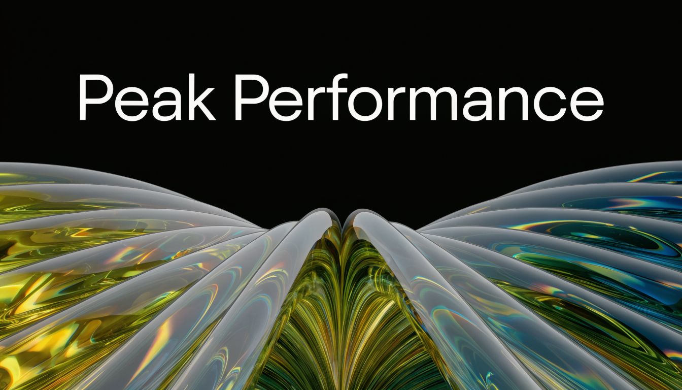 A modern graphic design featuring the text Peak Performance over a metallic iridescent abstract wave background.