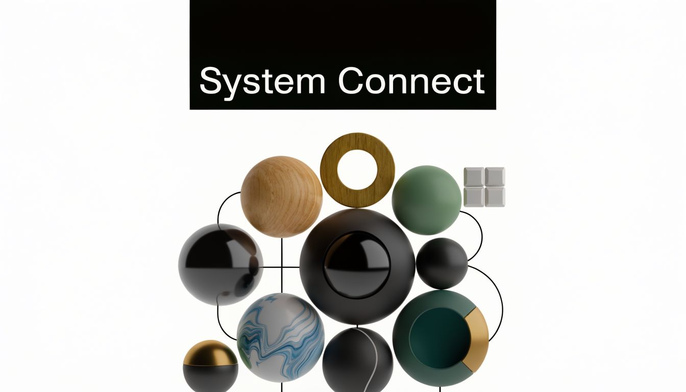 A modern 3D abstract graphic featuring spheres and geometric shapes connected by thin lines on white background.