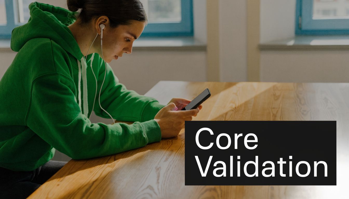 A woman wearing a green hoodie uses a smartphone while listening to music with white wired headphones.