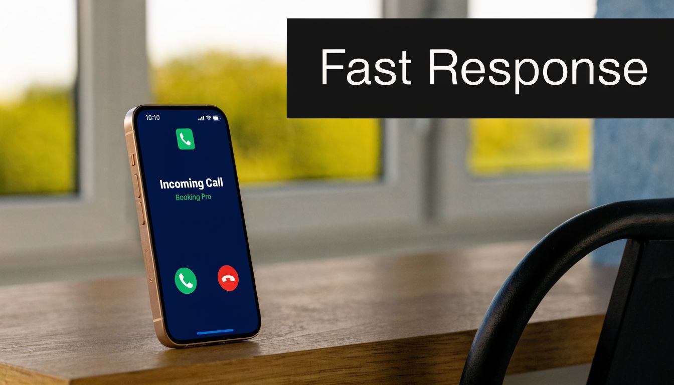 A smartphone resting on a wooden surface displays an incoming call screen from Booking Pro services.