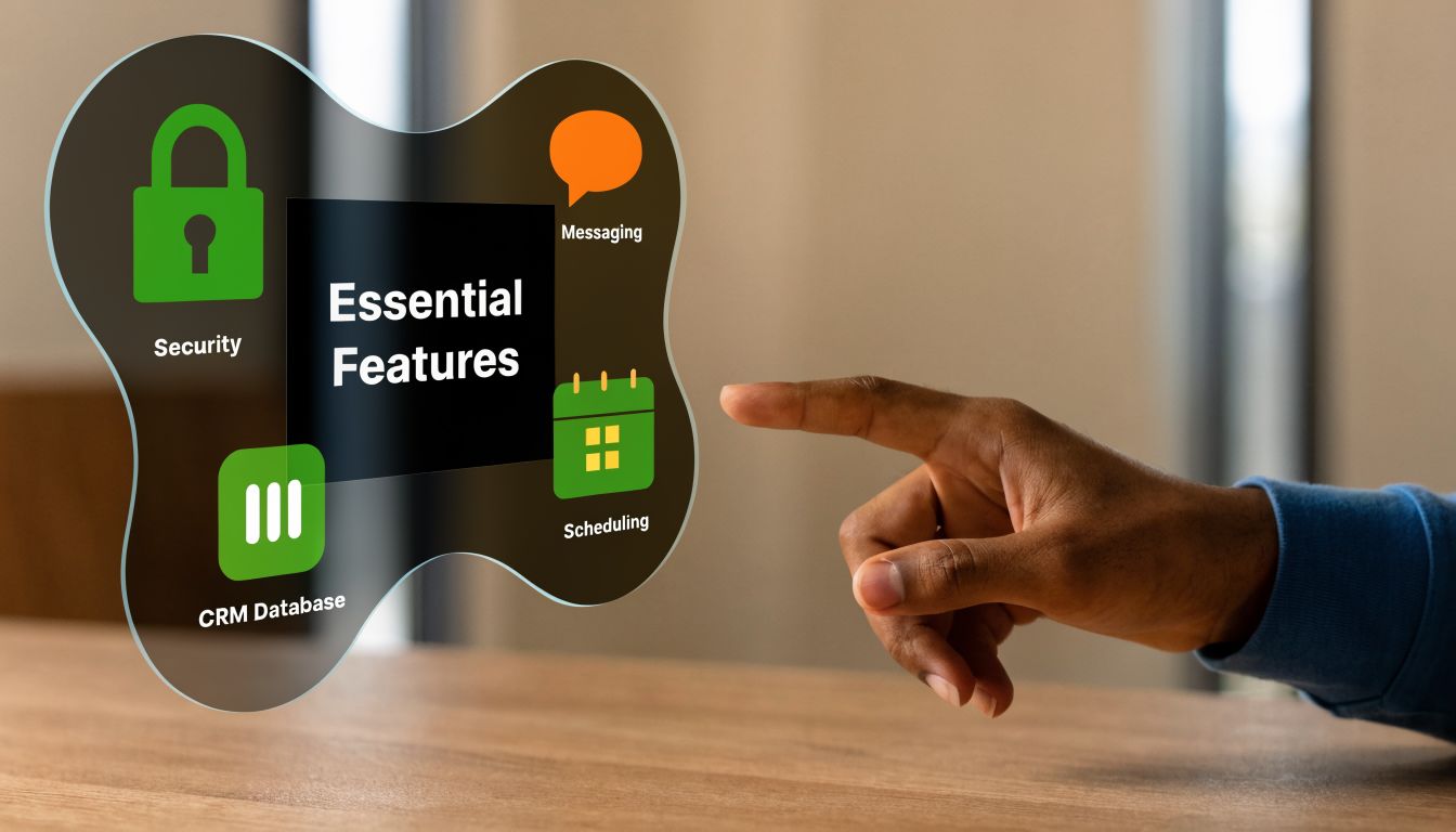 A person pointing at a digital interface showcasing essential business features including security, messaging, scheduling, and CRM.