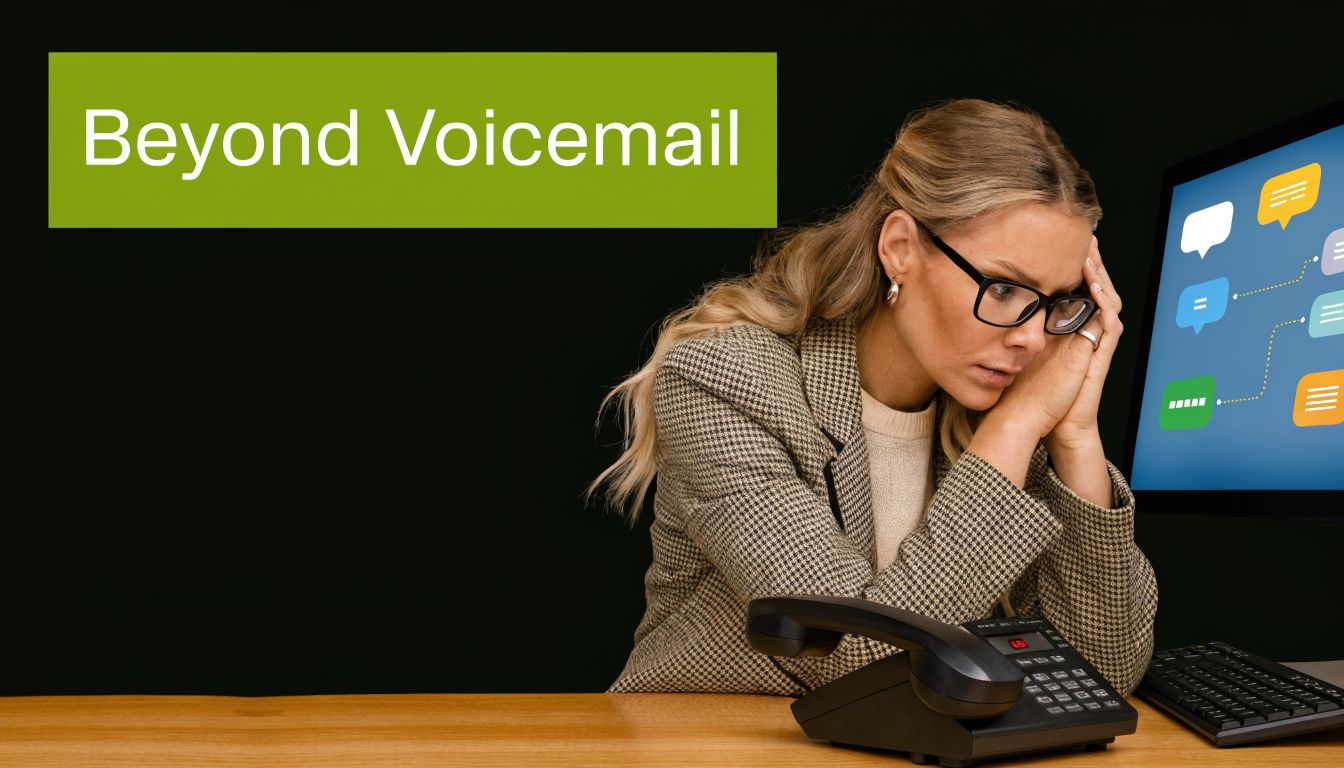 A woman in business attire sits at her desk looking frustrated while working with office communication technology.