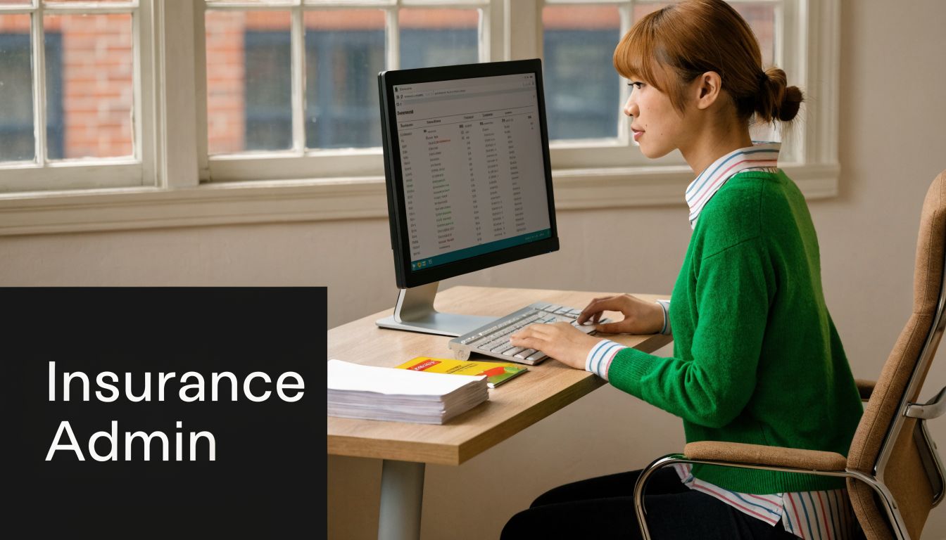 A professional insurance administrator sits at a desk, reviewing data on a computer screen in an office.