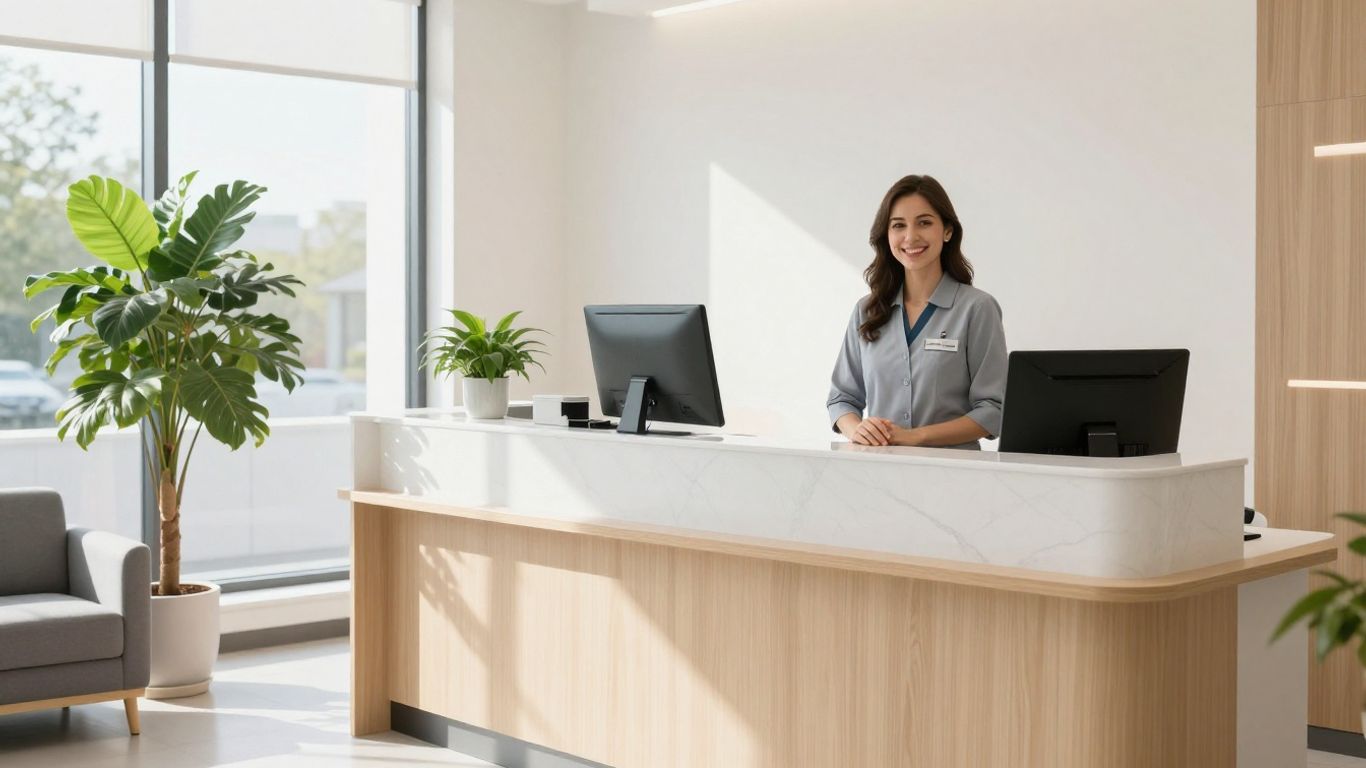 Dental office reception with smiling staff and patient comfort.