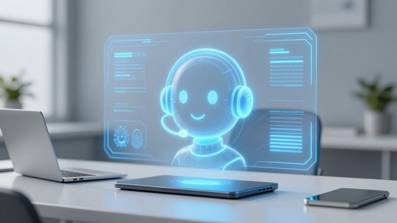 AI assistant interface above a modern desk.