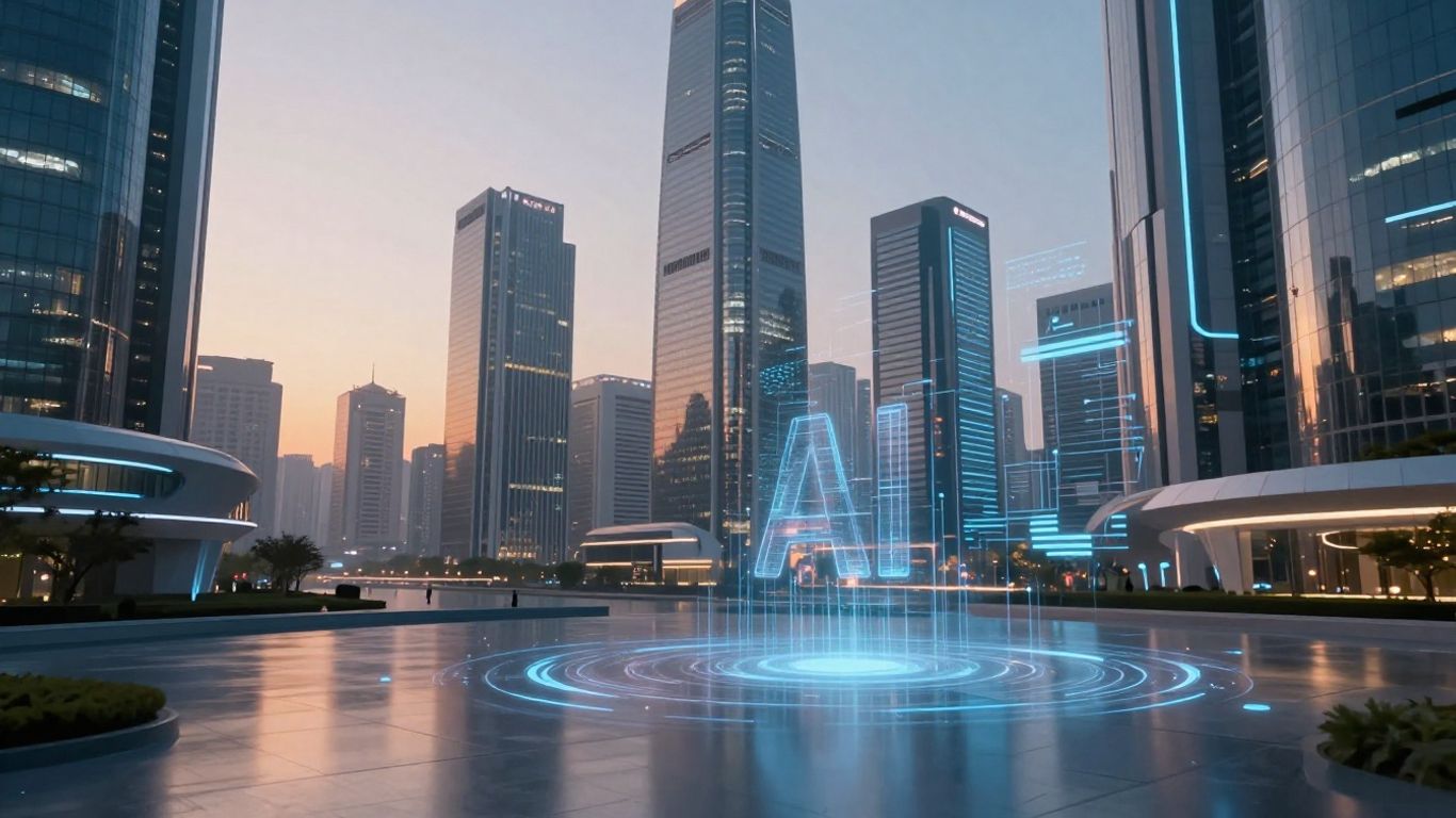AI chatbot interface in a futuristic cityscape at dawn.