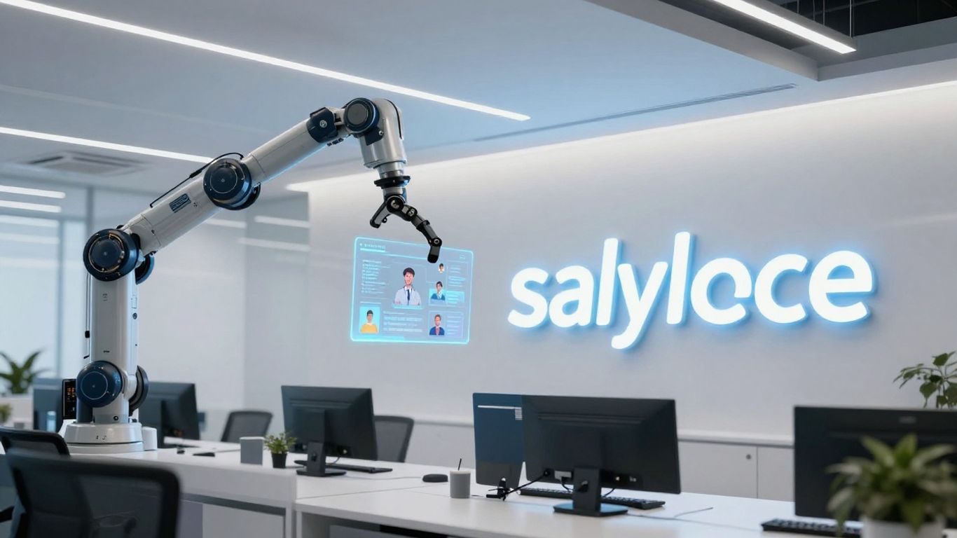 Salesforce logo with futuristic customer service interfaces.