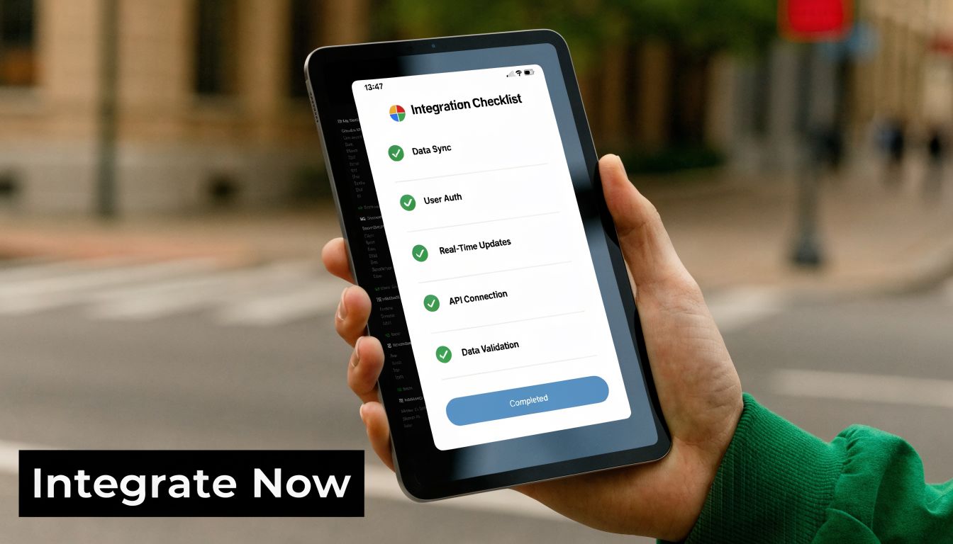 A person holding a tablet displaying an integration checklist screen with completed checkmarks for software development tasks.