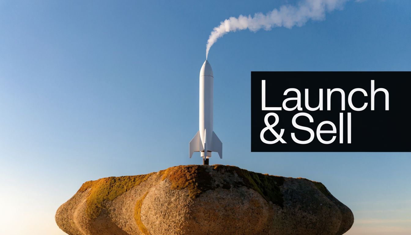 A minimalist white rocket stands atop a mossy boulder against a clear blue sky background.